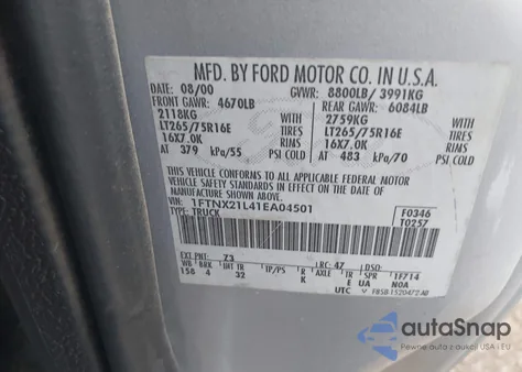 2001 Ford F-250 Lariat/Xl/Xlt из США, поврежденный, VIN 1FTNX21L41EA04501